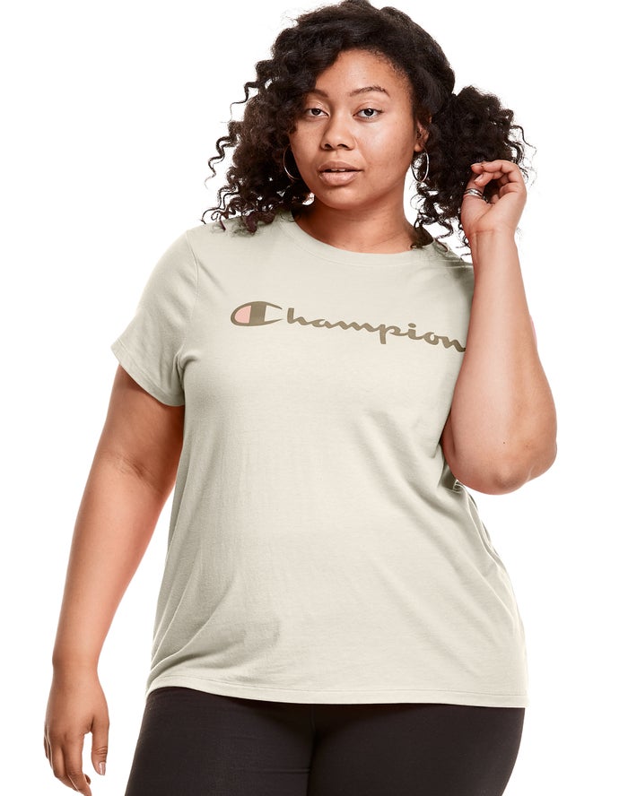 Champion Dame T-Shirts Hvide - Plus Classic Script Logo - Danmark OKS-597013